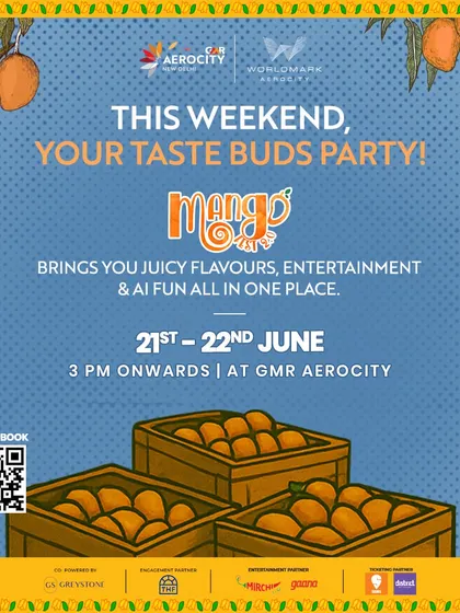 This weekend, your taste buds party! Another creative poster for Mango Fest, emphasizing the juicy flavours, entertainment, and AI fun all in one place.
