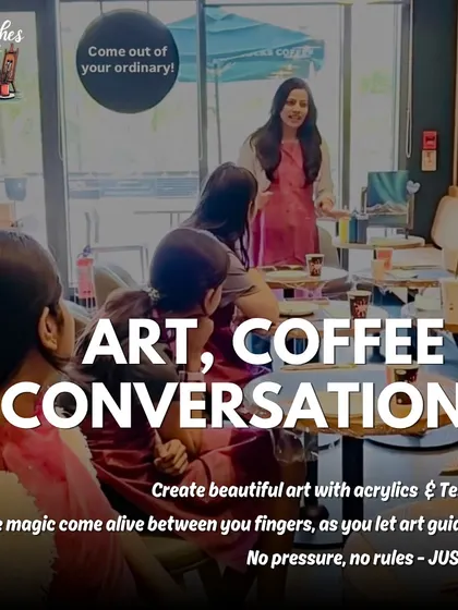 "Art, Coffee & Conversations." Another promotional image for our workshops, emphasizing the relaxed and social atmosphere.