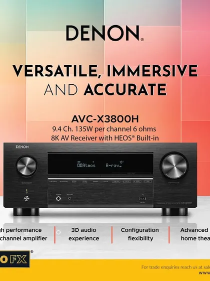 The Denon AVC-X3800H is versatile, immersive, and accurate. With nine channels of amplification and support for Dolby Atmos and DTS:X, it envelops larger living spaces in theatre-quality sound.