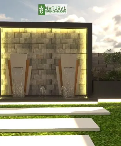 A proposed design for a stone-clad water feature. The render shows two elegant waterfalls, set within a modern frame and surrounded by planters.