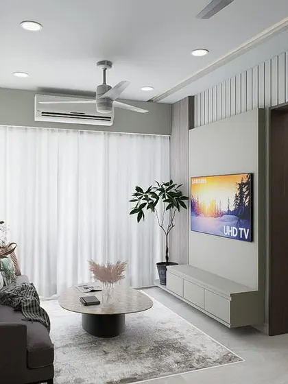 This render of a modern minimalist living room shows our love for soft hues, clean lines, and understated luxury. The design focuses on creating a calm and warm soul for the home.