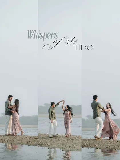 A series of images capturing the couple dancing and interacting by the water. Titled "Whispers of the Tide," this collage tells a story of playful romance and movement.
