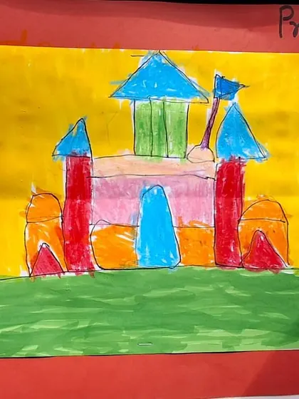 This is another student's final castle drawing, showcasing a different color palette. Our no-touch policy ensures that every piece of art is 100% the child's own work.