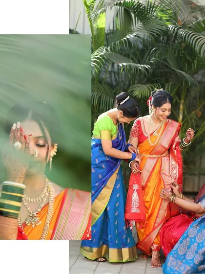 A creative collage showing the bride getting help from her bridesmaids and a solo artistic shot. It captures both the community and the individuality of the bridal experience.
