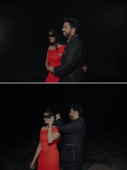 The big reveal. This two-part image captures the anticipation as he removes her blindfold to reveal the surprise proposal setup.
