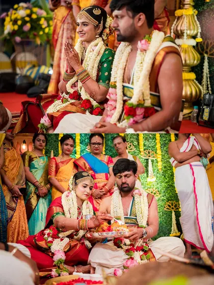 The couple seated together, performing the wedding rituals. This shot highlights their partnership and the shared experience of the ceremony.