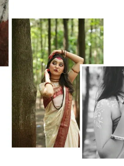 A composition blending color and monochrome to showcase the dynamic and serene poses from our Goddess Parvati conceptual shoot in the forest.