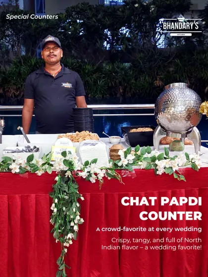My Chat Papdi counter is a guaranteed crowd-puller. This promotional image highlights one of the most loved North Indian street food dishes, perfect for adding a crispy, tangy, and flavorful element to your wedding menu.