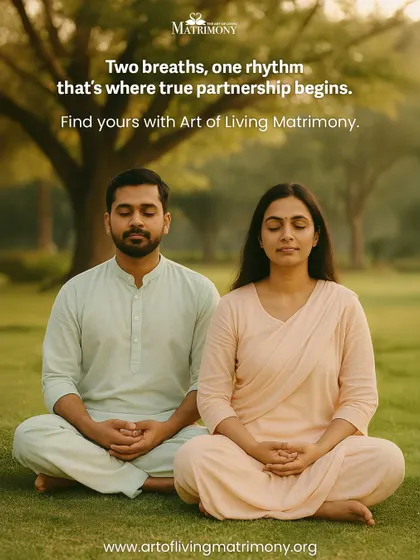 A serene image of a couple meditating together outdoors. This is the ideal we strive for: two breaths in one rhythm, a true partnership where hearts breathe together.