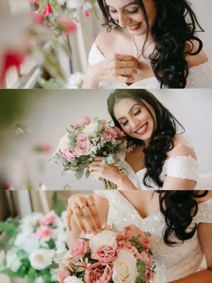 A collage of beautiful bridal portraits, focusing on the bride's smile and her lovely bouquet. These images capture her happiness and radiance.