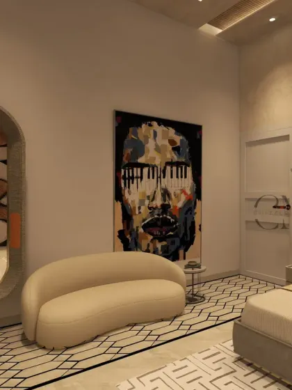 The room features a curved boucle sofa and a large, expressive art piece, infusing the space with character and warmth.