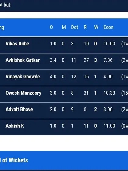 The bowling stats for Advait Bhave, showing he took 2 wickets for just 6 runs in 2 overs with an economy of 3.00.