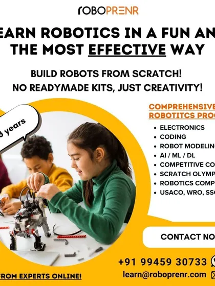 We offer a comprehensive robotics program for ages 8-18 where students build robots from scratch. The curriculum covers electronics, coding, AI, and preparation for major competitions.
