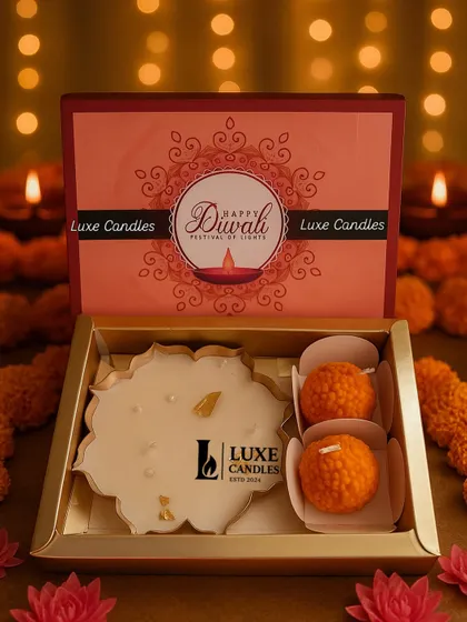 The Radiant Diwali Hamper, featuring a beautiful urli candle and two of my signature laddoo candles. It's a sweet and traditional gift, beautifully packaged for the festival of lights.