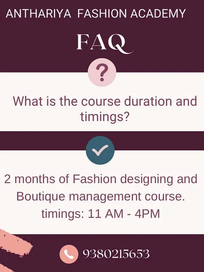 Our comprehensive Fashion Designing and Boutique Management course has a duration of two months. Classes are held from Monday to Friday, 11 AM to 4 PM, ensuring an immersive learning experience.