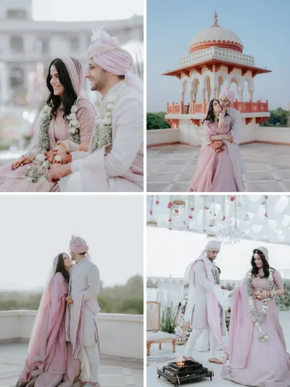 A collage of moments from a beautiful pastel-themed wedding, from the pheras to portraits on the palace rooftop, showcasing the full story of their day.