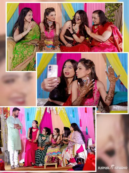 A collage of candid moments from a Mehendi, showing the bride and her friends taking selfies and having fun.