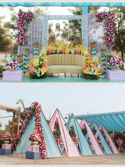 A look at the pastel-themed Haldi decor, featuring colorful drapes and a beautiful floral stage.