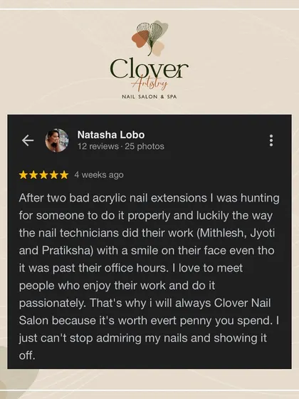 "I just can't stop admiring my nails and showing it off." This review from a client who found us after two bad experiences elsewhere makes us so proud of our team's passion and skill.