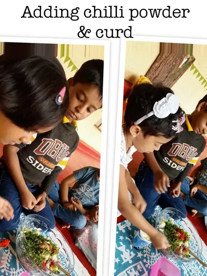 Making a healthy and delicious chickpea salad, where children practiced chopping vegetables and mixing ingredients to create a nutritious meal.