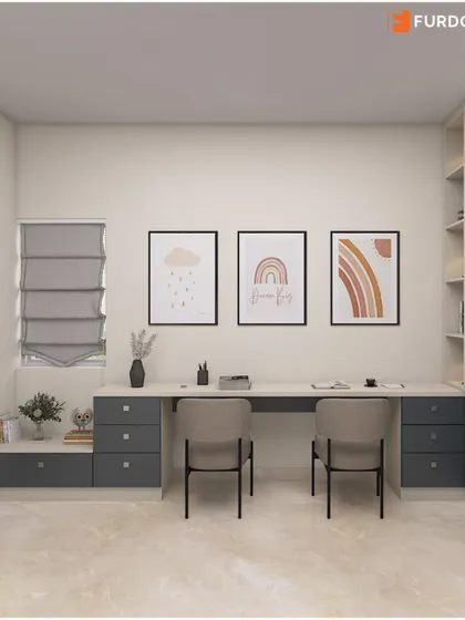 A shared study area concept for a kids' room, with a long desk and cute, motivational wall art.