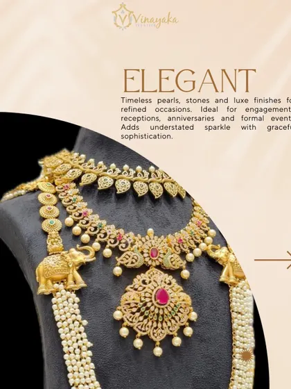 An elegant and timeless bridal set featuring pearls, stones, and a unique elephant motif on the long haar. This sophisticated design is perfect for engagements and receptions.