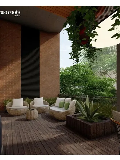 This render illustrates a comfortable and private seating area on a covered patio. The design uses modern wicker furniture, a wooden deck, and large planters to create a cozy outdoor lounge.