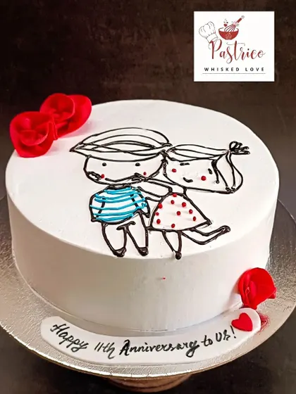A sweet and simple anniversary cake with a hand-drawn doodle of a couple, celebrating 11 years of love.