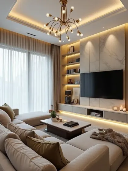 We designed this cozy living room with integrated backlighting in the TV unit and shelving to create a warm, inviting glow. The deep, comfortable sectional is perfect for movie nights, and the neutral tones are both modern and timeless.