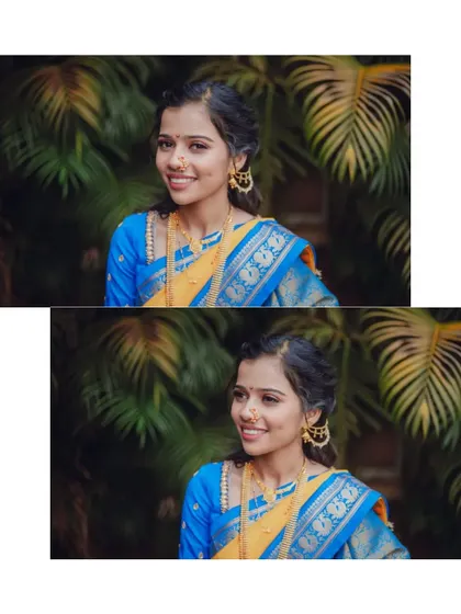 A pair of close-up portraits of the bride, one looking at the camera and one looking away, showing different facets of her personality.