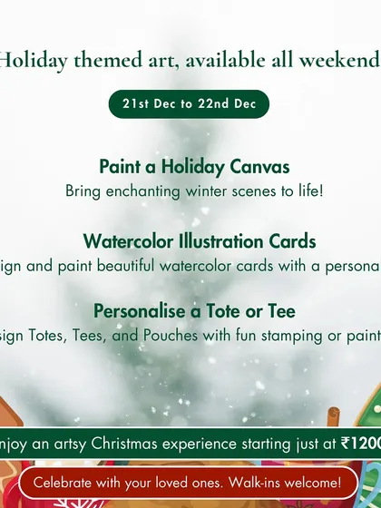 A list of our holiday-themed art activities, including painting a canvas, making watercolor cards, and personalizing tote bags.