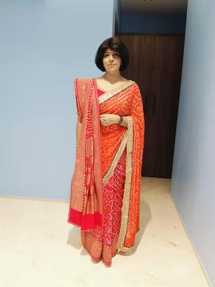 A full look of the traditionally draped saree and dupatta for the Ambani family function, showcasing an elegant and respectful style.