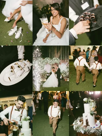 A collage of reception moments, from the cake cutting to the first dance. It captures the joy, celebration, and sweet details of the evening.
