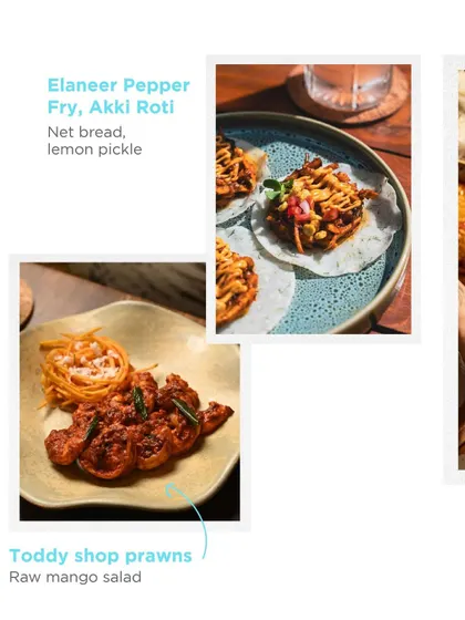 Toddy Shop Prawns and Elaneer Pepper Fry with Akki Roti, showcasing the bold flavours of the Hosa menu.