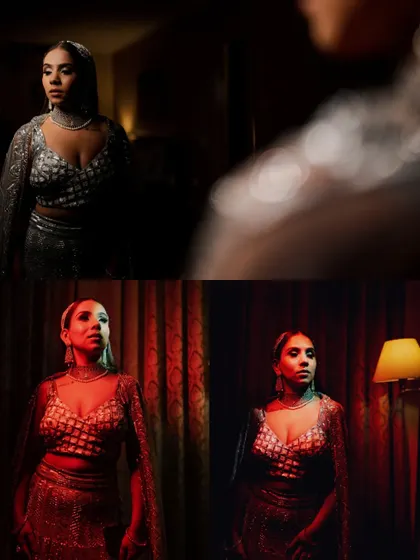 A collage of moody and artistic portraits of the bride, Amrita, before her Sangeet. The use of shadow and colored light creates a dramatic and glamorous look.