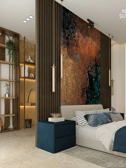 The first glimpse of our innovative bedroom-cum-study design. The bed's back panel, made of vertical wooden slats, cleverly conceals a study area, showcasing our commitment to creating multifunctional, stylish spaces.