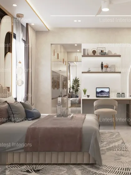 This angle shows the integrated dressing table and study area, complete with a large mirror and ample shelving. The design is both practical and aesthetically pleasing.