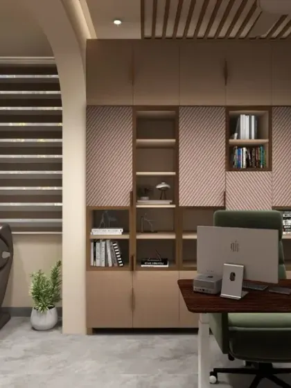 Detailing the functional aspects of the office, this view highlights the custom-built shelving unit with varied compartment sizes and the ergonomic setup of the primary workspace. The design prioritizes organization and ease of use.