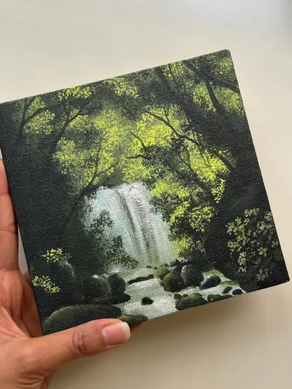 A final shot of me holding the small, complete waterfall painting. I’m so happy with how this little study turned out.