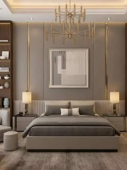 A repeat of the sophisticated bedroom with built-in bookshelves (ID 202), offering another angle of this elegant and functional design.