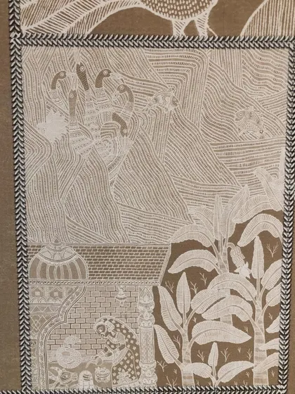 Another detail shot from the Indian folk art wallpaper, showcasing different narrative panels within the larger design.