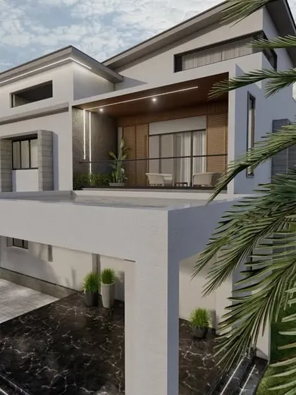A proposed elevation for a client in Thirthahalli. The design includes a large, modern carport and a balcony with glass railings, blending functionality with style.