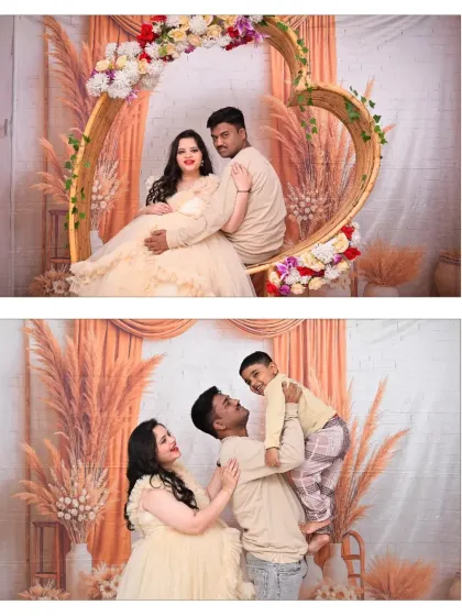 Two moments from a family maternity shoot in our Boho setup. It's beautiful to capture the joy of the whole family, including the fun and playful interactions with the older sibling.
