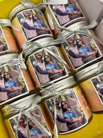 Another view of the ombré candles with photo labels. The silver ribbons matched the silver jubilee theme perfectly.