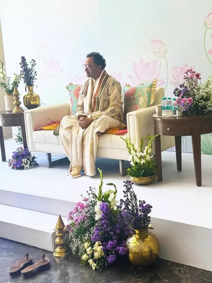 We were honored to style this spiritual event. The stage was designed for tranquility and reflection, with a comfortable sofa, soft florals, and a serene lotus backdrop for a talk on mindfulness.