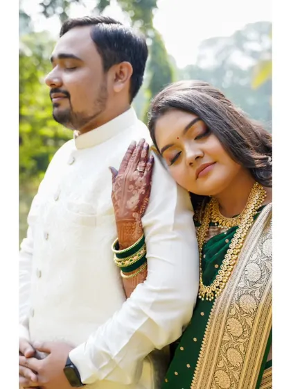 A peaceful and romantic portrait of the engaged couple, captured in a natural outdoor setting.