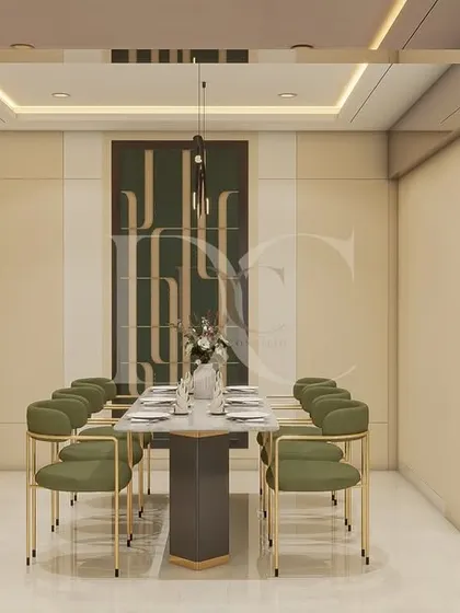 This angle shows the seamless flow from the dining area to the living space. The use of mirrors and consistent design elements helps to make the entire area feel spacious and harmonious.