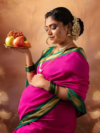 This portrait emphasizes the traditional elements of a seemantham, with the mother-to-be holding a platter of fruits. Her gaze and the soft lighting create a poetic and timeless image, perfect for an artistic maternity album.