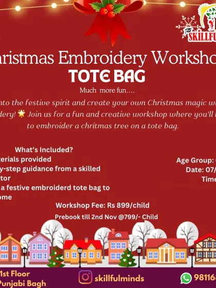 Getting into the festive spirit with our Christmas Embroidery Workshop. This beginner-friendly session teaches children aged 6 and up how to embroider a Christmas tree on a tote bag.