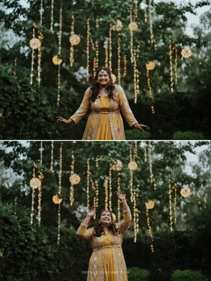 A diptych of the bride in her yellow Haldi dress, joyfully dancing and throwing her hands up under a canopy of lights.